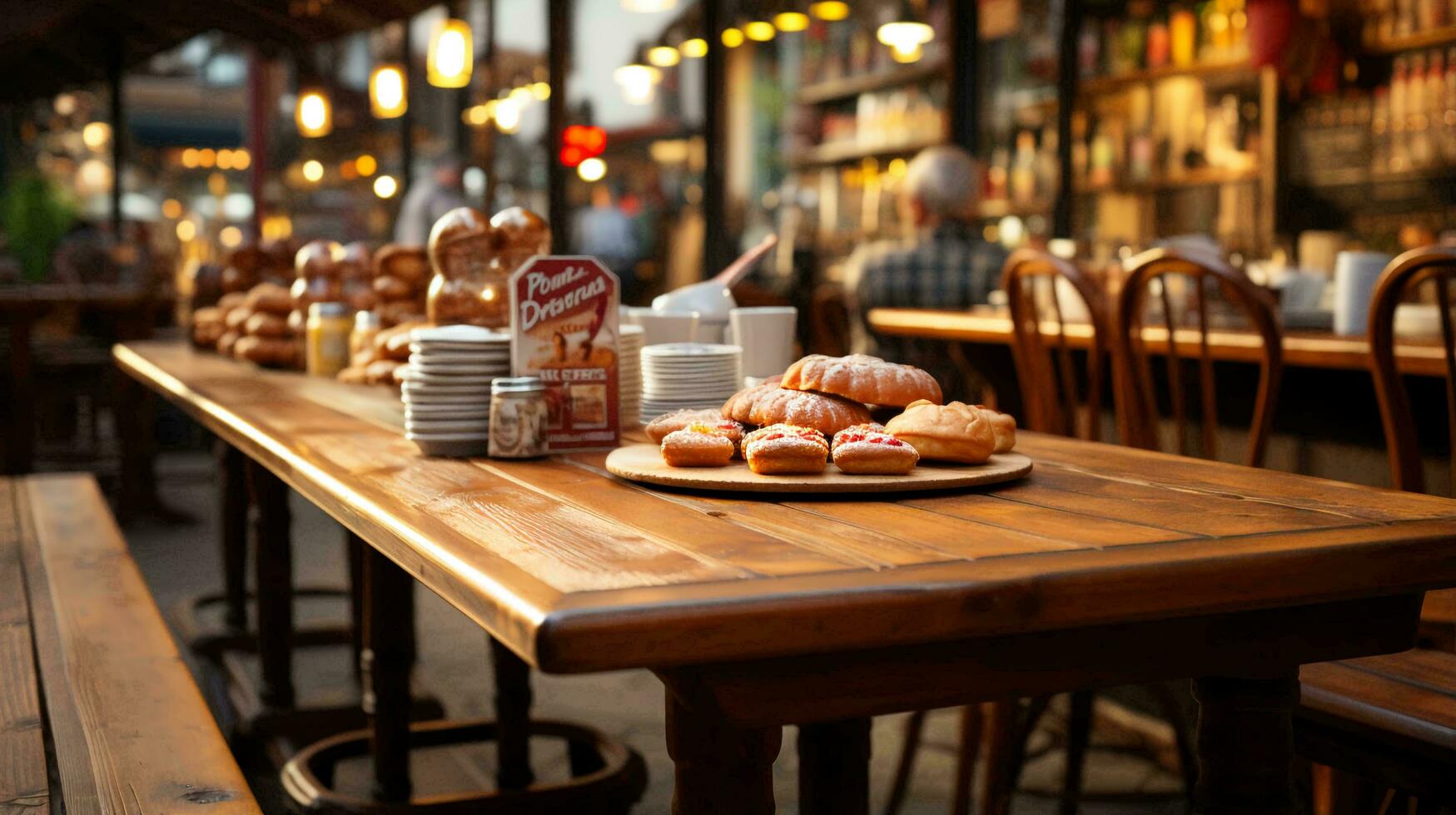 Fresh buns bread pastry lies on the table in the cafe bakery selective focus blurred background. AI generated photo