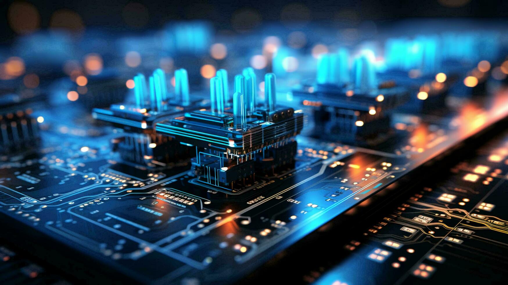 Computer futuristic high tech circuit board with microcircuits and electronic chips with transistors and resistors. AI generated photo