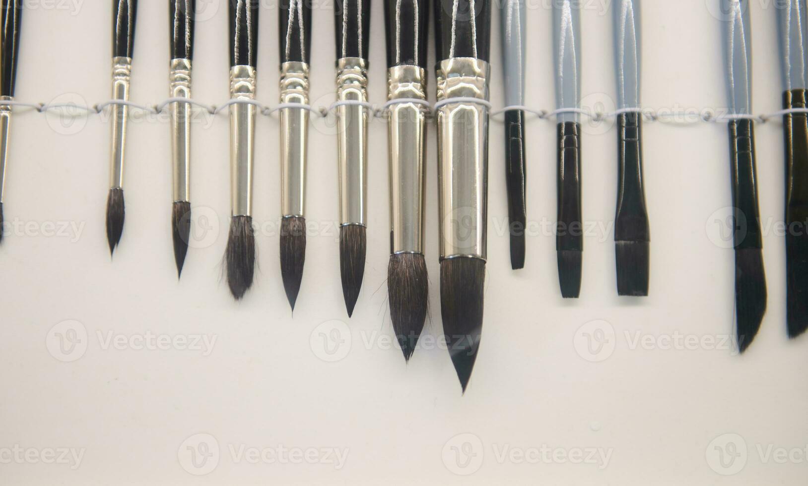 Paintbrushes of various sizes with wooden handle and natural bristle, displayed for sale. Art, creativity and painting photo