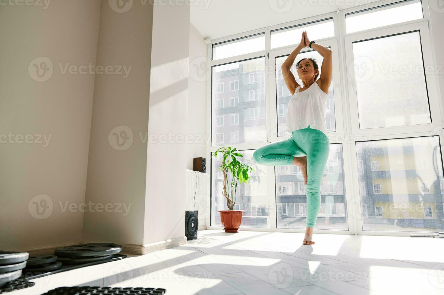 Full length of young woman practicing Yoga and performing tree pose at home against large windows photo