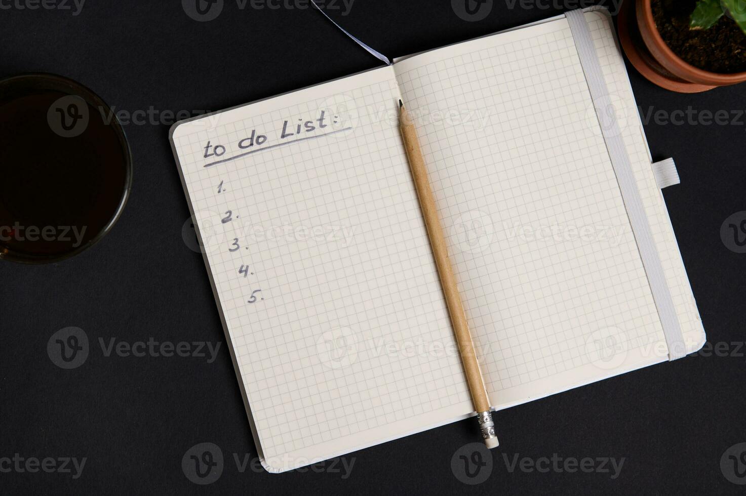 Wooden pencil on the opened agenda, organizer with list to do on blank white sheets, cup of coffee and potted succulent, on black background with copy space photo