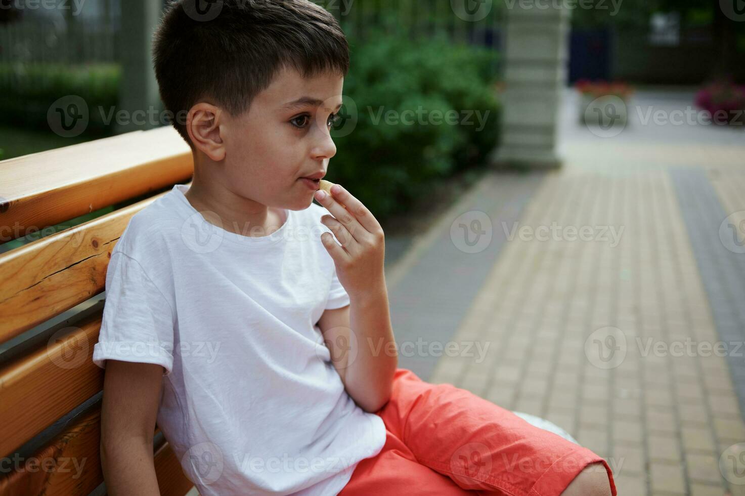 Adorable Caucasian elementary age school boy snacking outdoors, sitting on a wooden bench in the city park on summer day photo