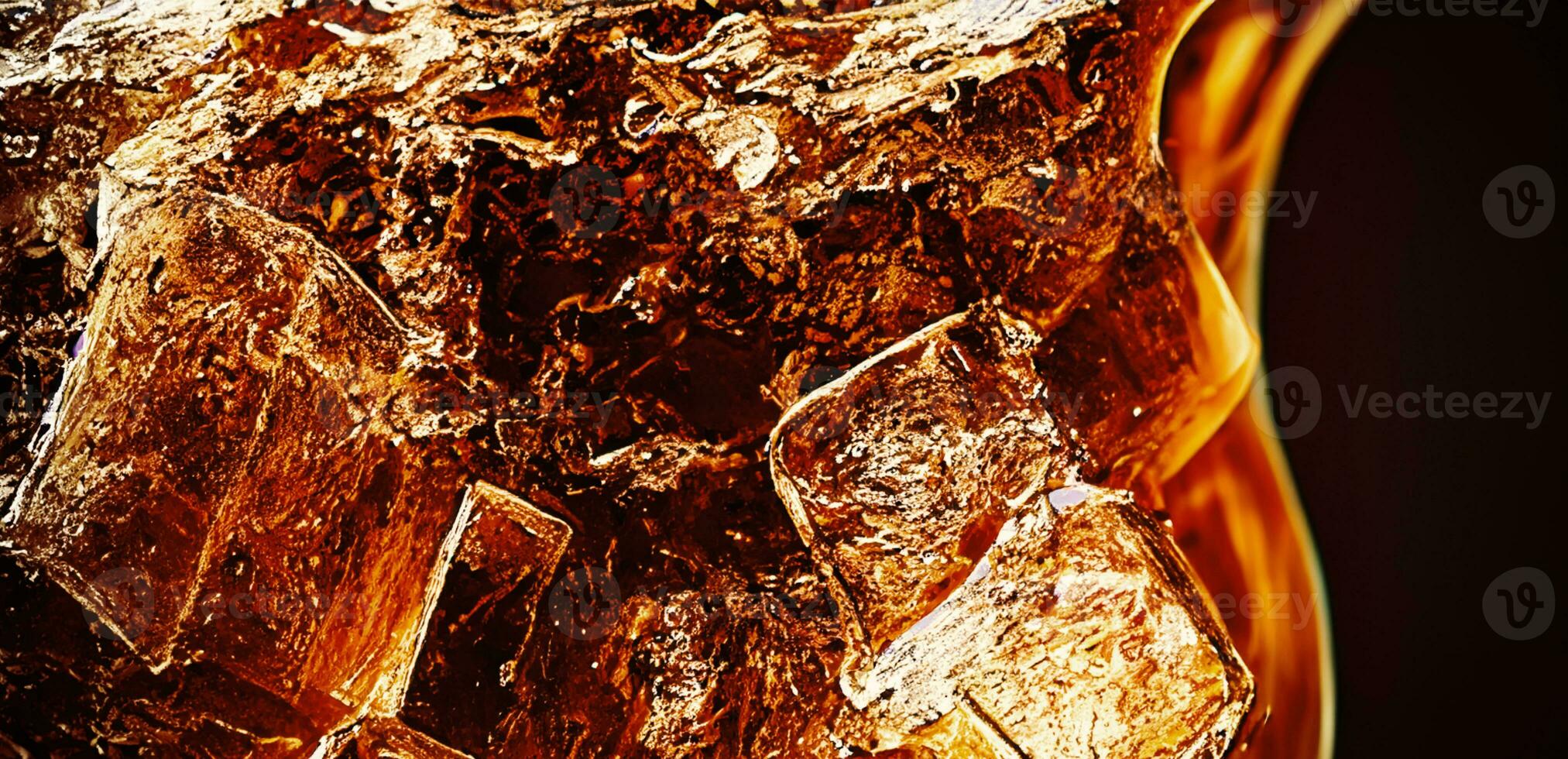 Cola with Ice. Close up of the ice cubes in cola water. Texture of carbonate drink with bubbles in glass. Cola soda and ice splashing fizzing or floating up to top of surface. Cold drink background. photo