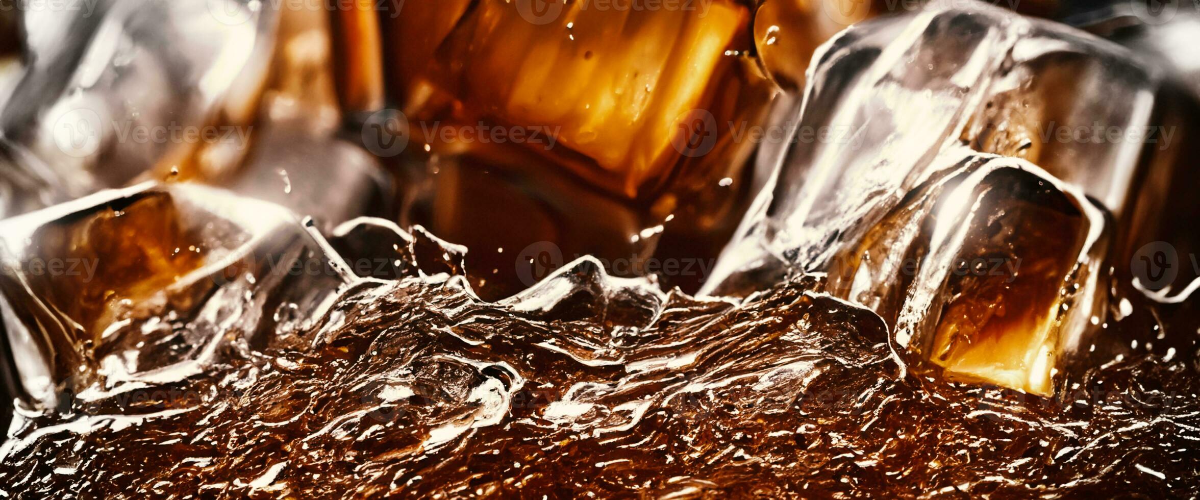 Cola with Ice. Close up of the ice cubes in cola water. Texture of carbonate drink with bubbles in glass. Cola soda and ice splashing fizzing or floating up to top of surface. Cold drink background. photo