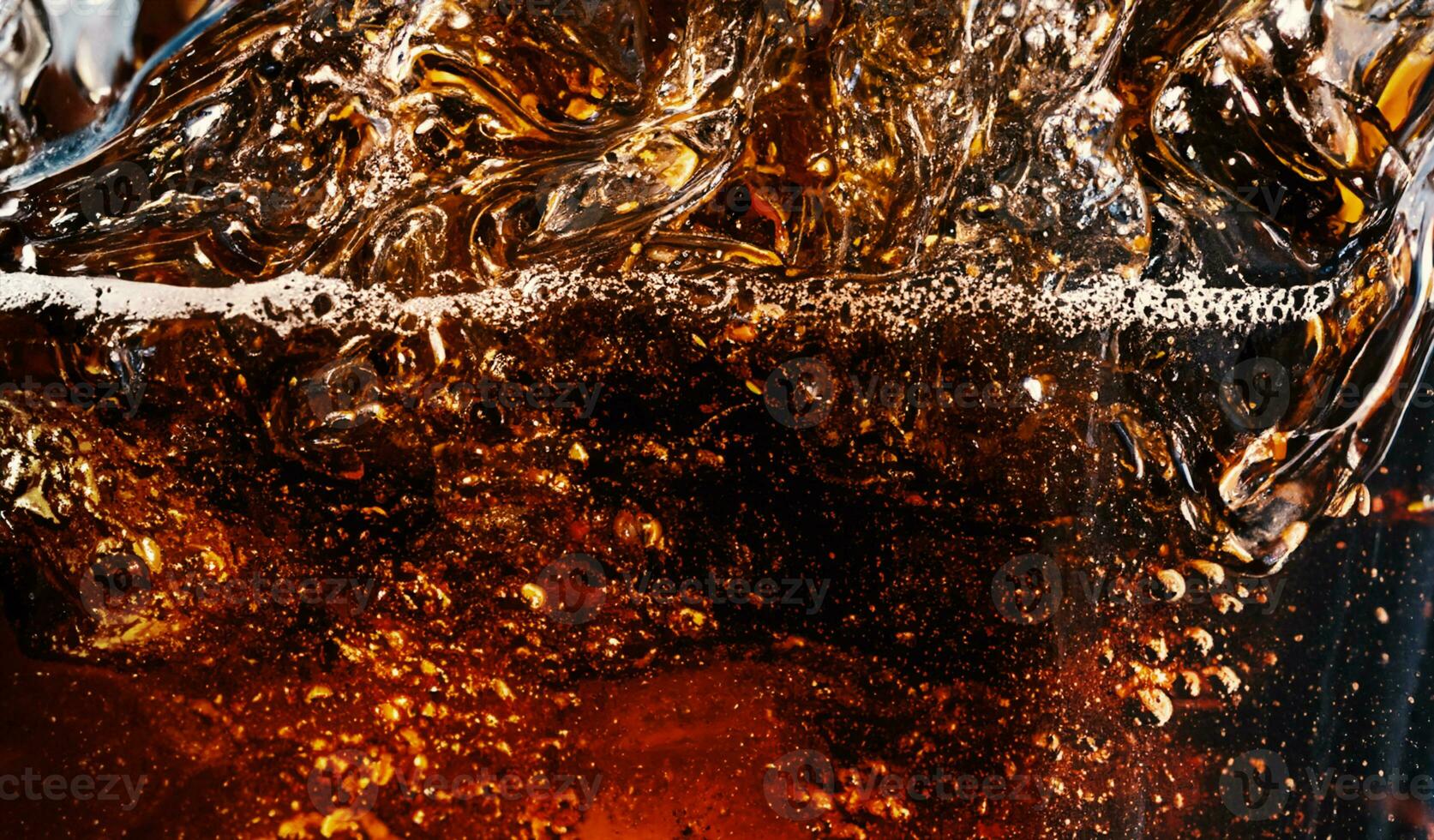 Cola with Ice. Close up of the ice cubes in cola water. Texture of carbonate drink with bubbles in glass. Cola soda and ice splashing fizzing or floating up to top of surface. Cold drink background. photo