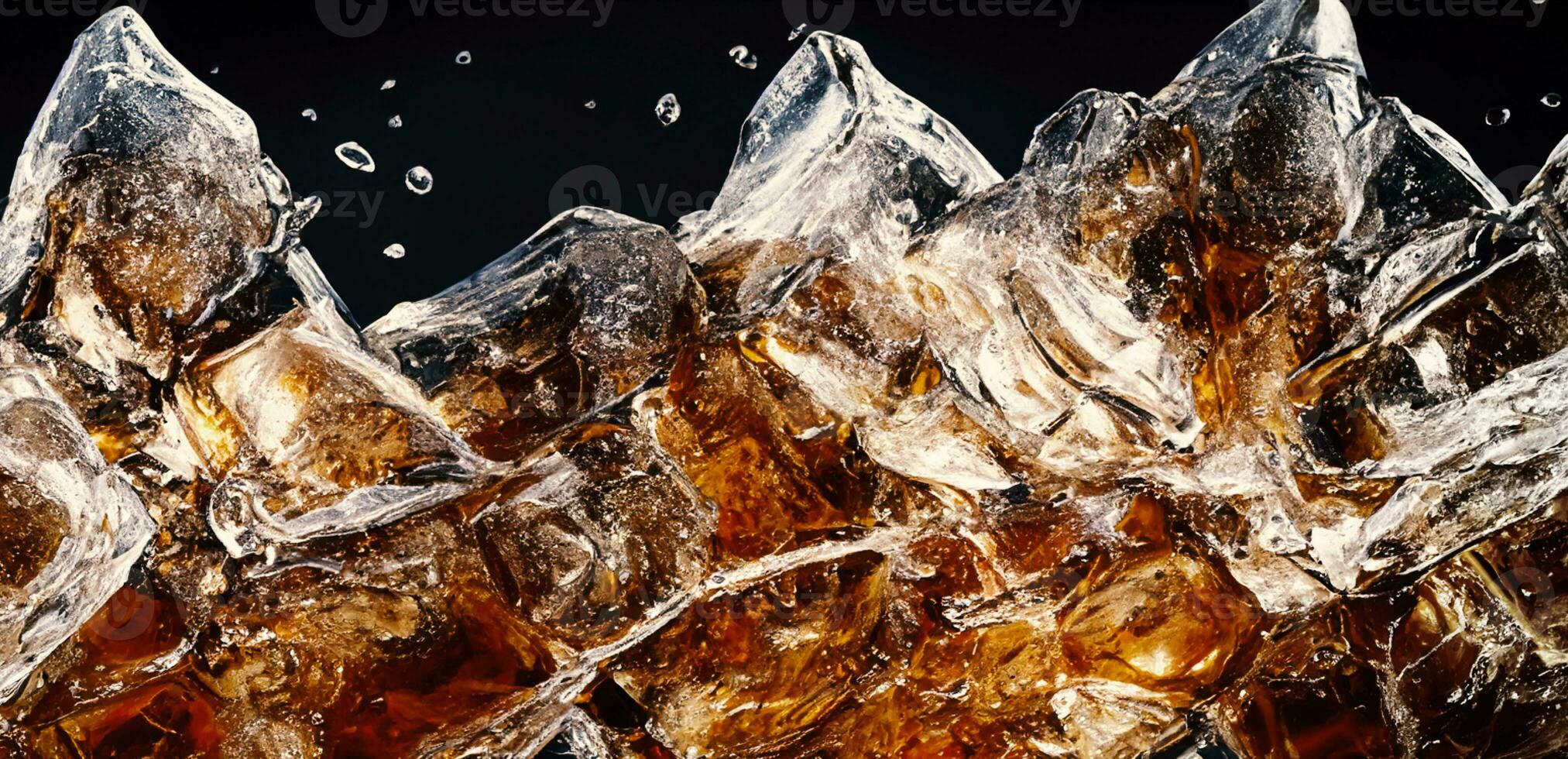 Cola with Ice. Close up of the ice cubes in cola water. Texture of carbonate drink with bubbles in glass. Cola soda and ice splashing fizzing or floating up to top of surface. Cold drink background. photo