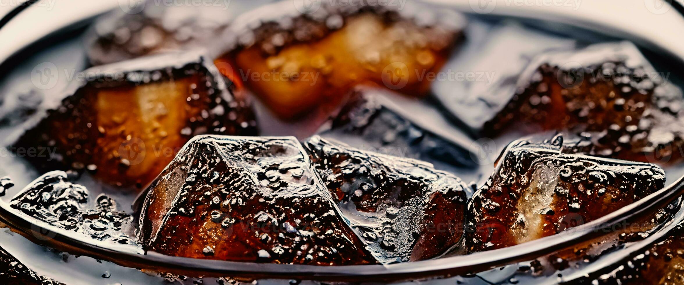 Cola with Ice. Close up of the ice cubes in cola water. Texture of carbonate drink with bubbles in glass. Cola soda and ice splashing fizzing or floating up to top of surface. Cold drink background. photo