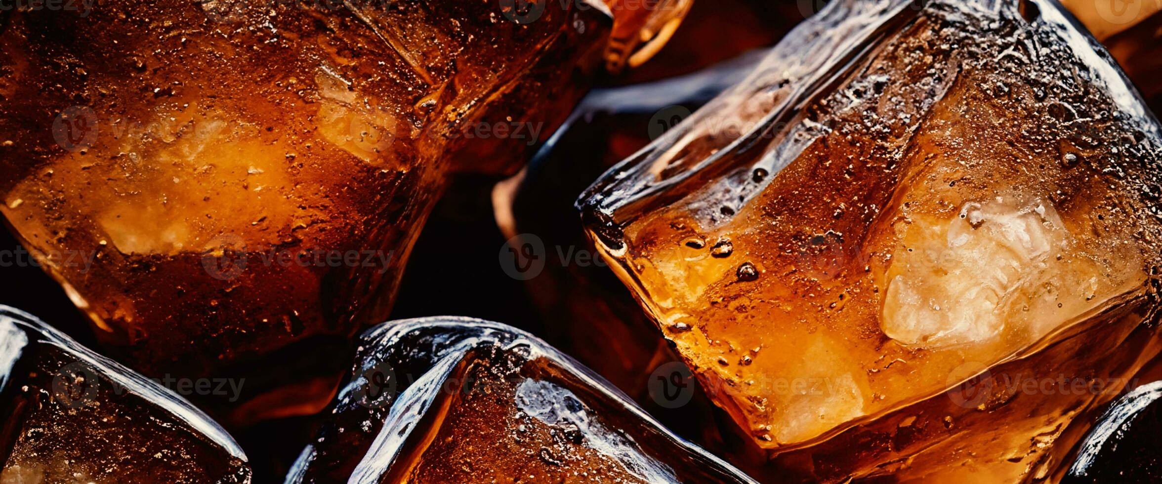 Cola with Ice. Close up of the ice cubes in cola water. Texture of carbonate drink with bubbles in glass. Cola soda and ice splashing fizzing or floating up to top of surface. Cold drink background. photo