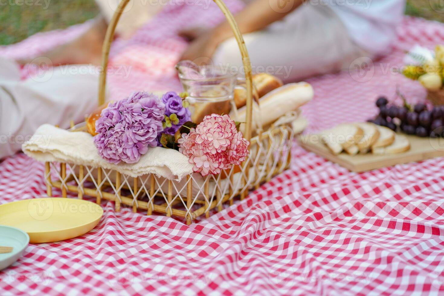 Picnic Lunch Meal Outdoors Park with food picnic basket. enjoying picnic time in park nature outdoor photo