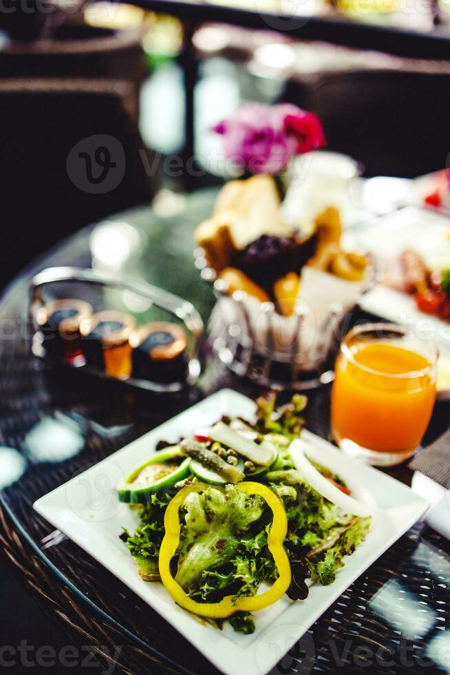 Full American Breakfast Huge healthy breakfast spread on a table with coffee Breakfast served with coffee English breakfast fried egg photo