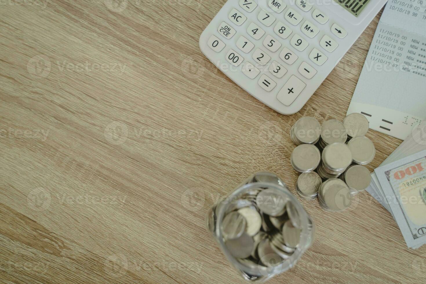 Close up of money stack coins and Dollar banknotes Saving money financial banking concept photo