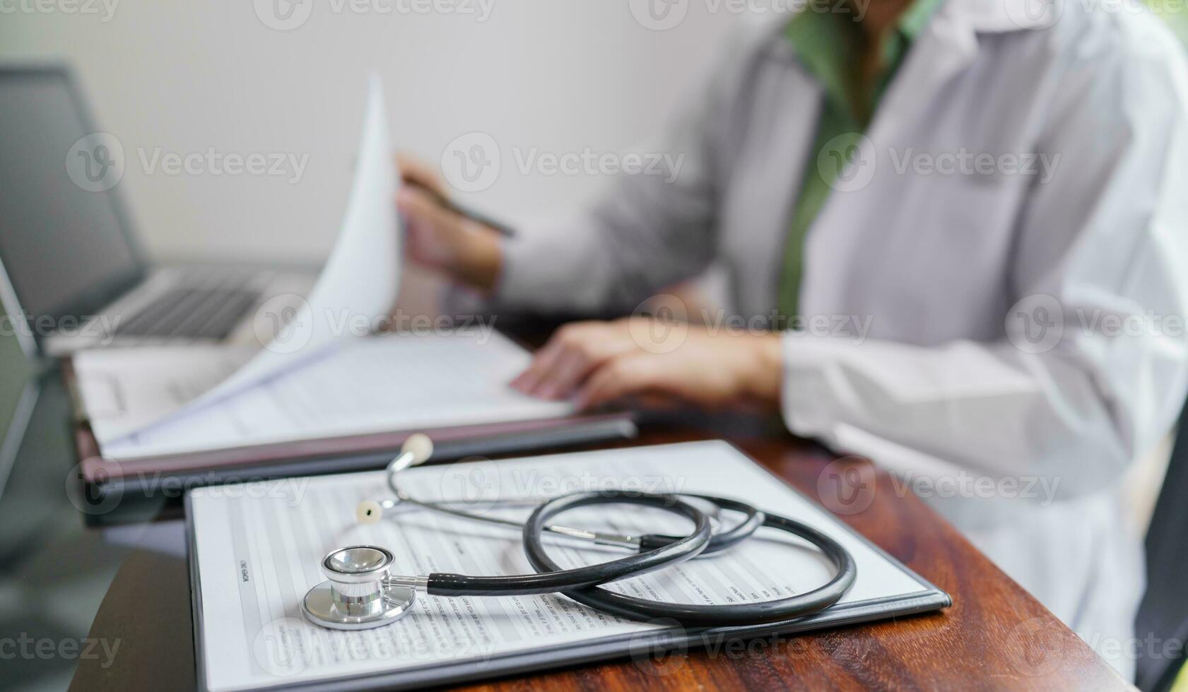 Professional medical doctor in white uniform gown coat interview consulting patient. photo