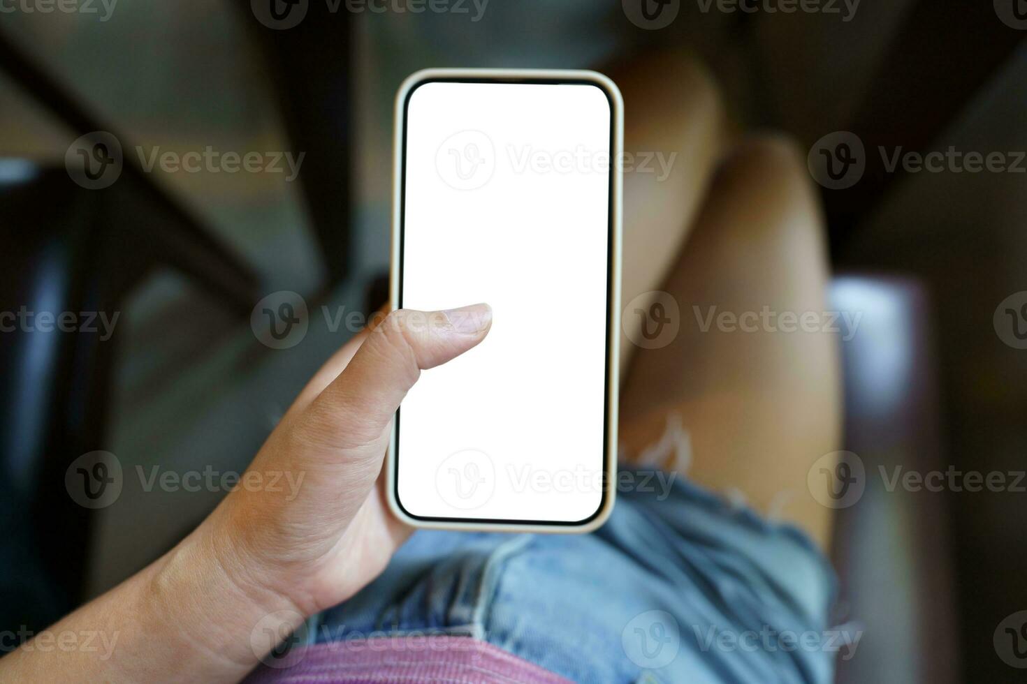 Close up of women's hands holding cell telephone blank copy space screen. smart phone with technology concept photo