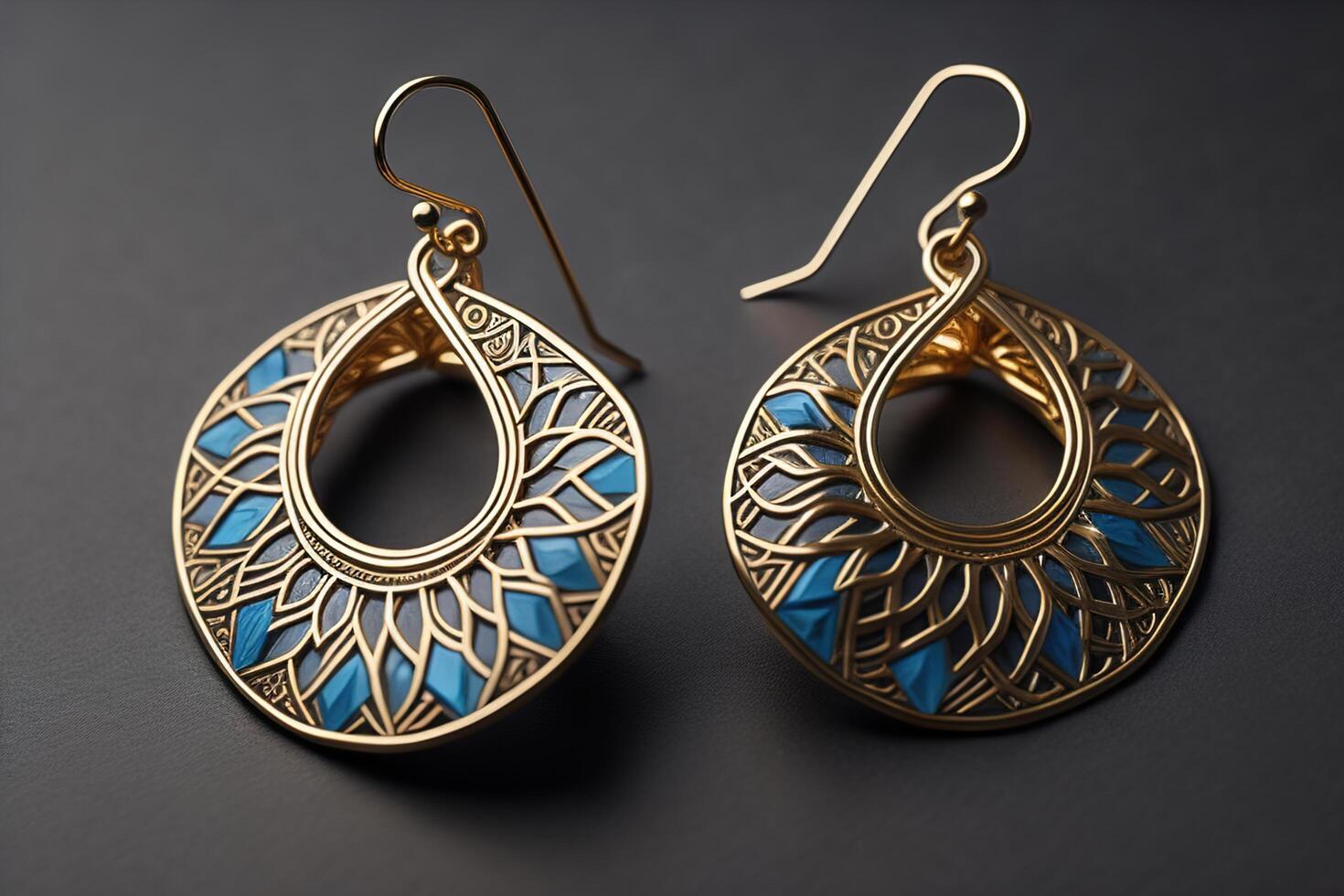 Beautiful earrings on dark background, closeup. Luxury jewelry. photo