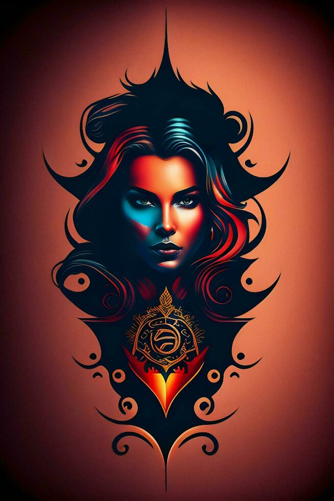 Beautiful gothic woman with tattoo on her face. Vector illustration. photo