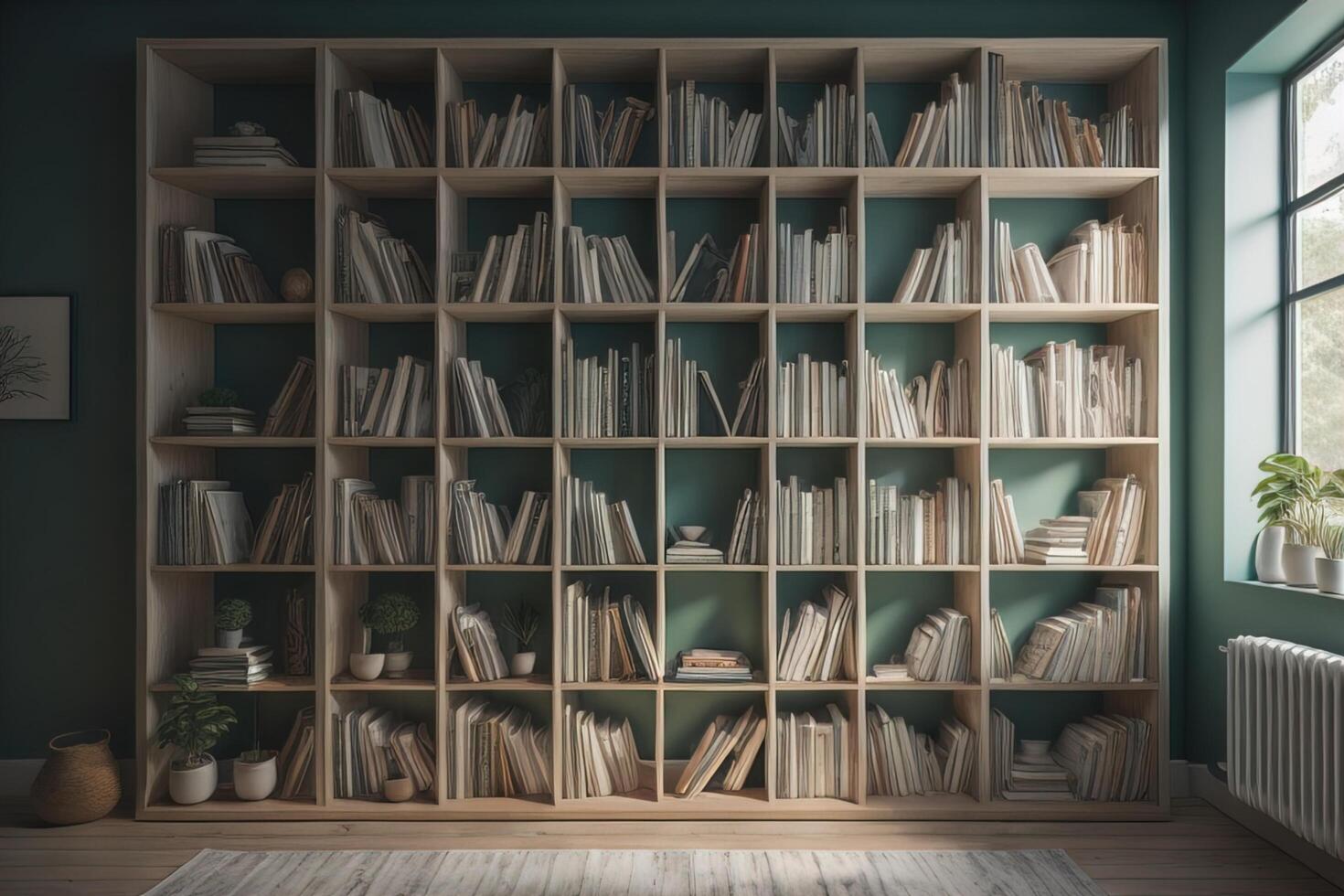 Bookshelf with books in room, photo