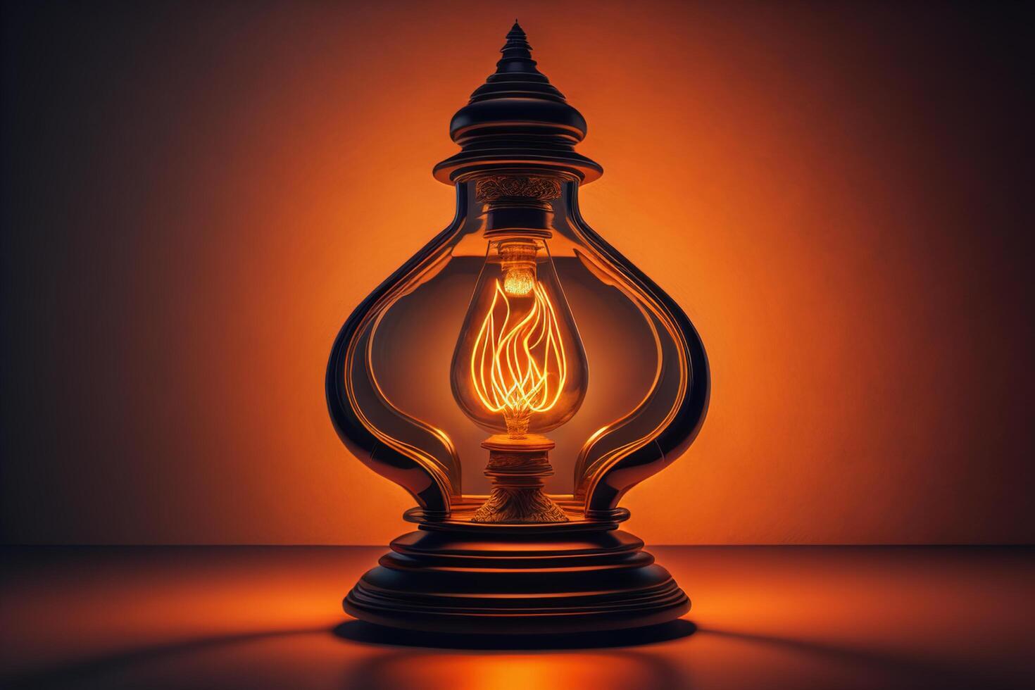 Burning kerosene lamp on orange background. photo