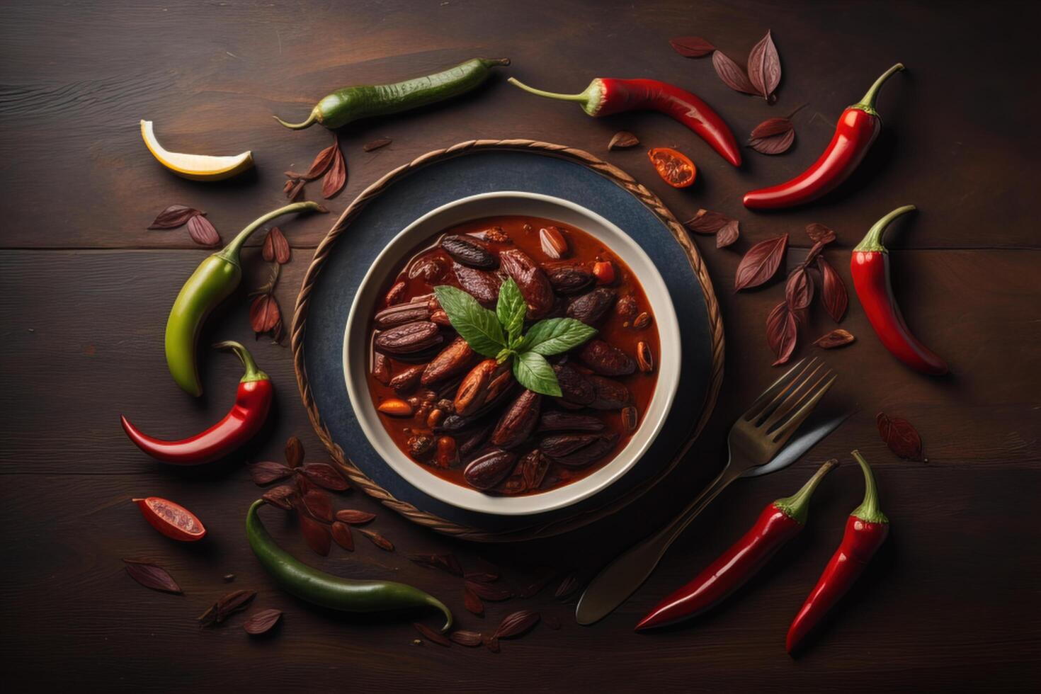 Chili con carne in bowl on wooden table. Top view. photo