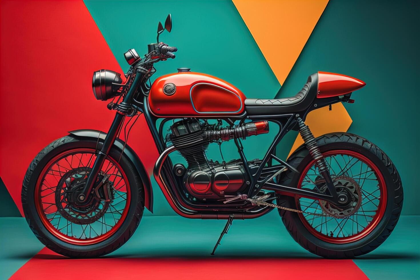 Classic custom motorcycle on red and green background. photo