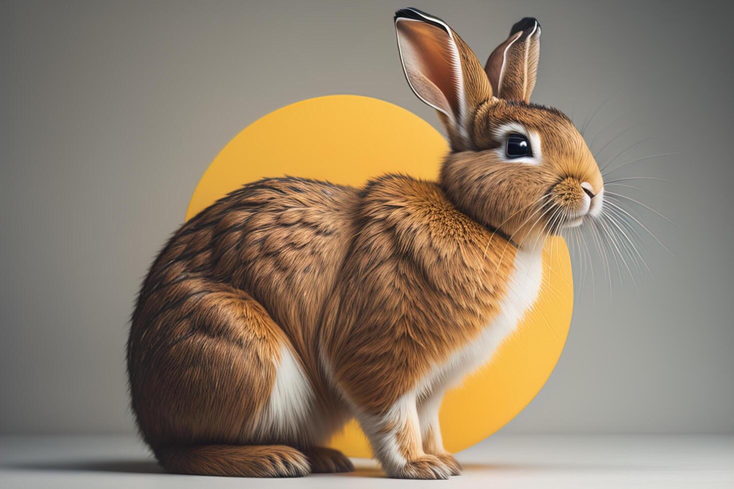 Cute easter bunny with yellow egg on grey background. photo