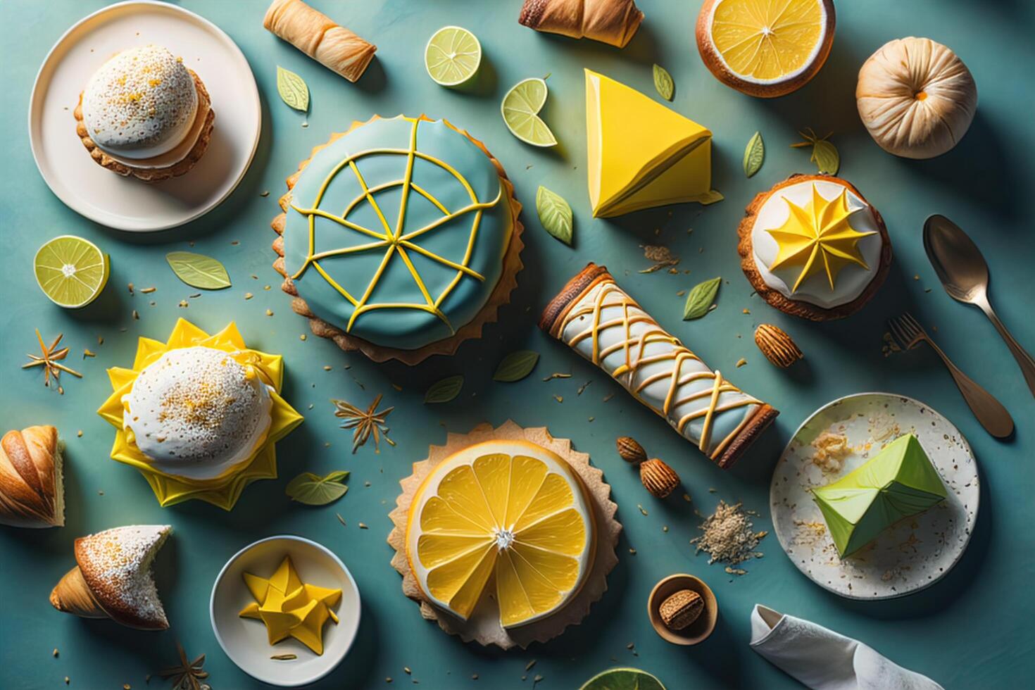 Flat lay composition with delicious lemon cakes on color background, top view. photo