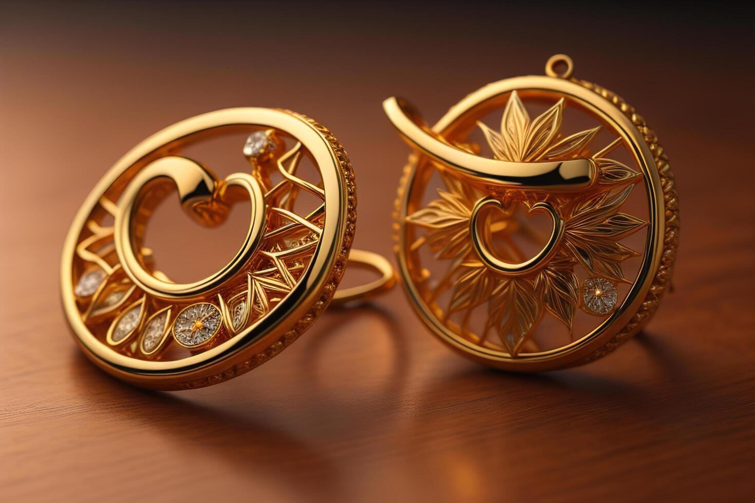 Golden earrings with diamonds on a wooden background. photo