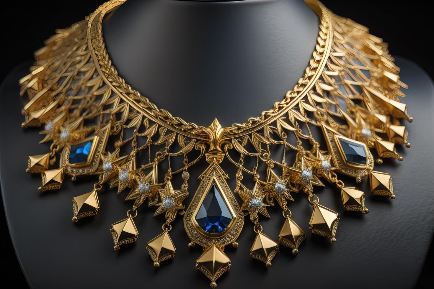 Gold necklace on black mannequin. Luxury jewelry on a black background. generative ai photo