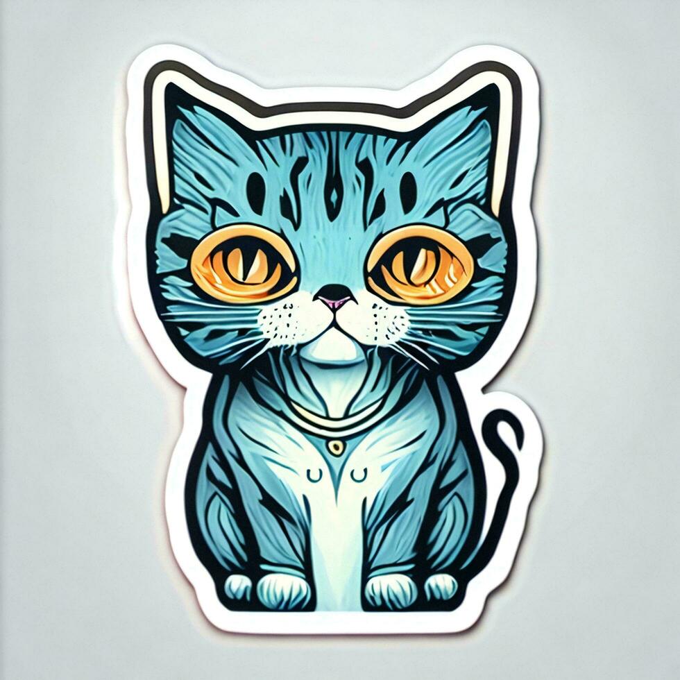 ilustración de un gato con azul ojos en un pegatina en un blanco antecedentes foto