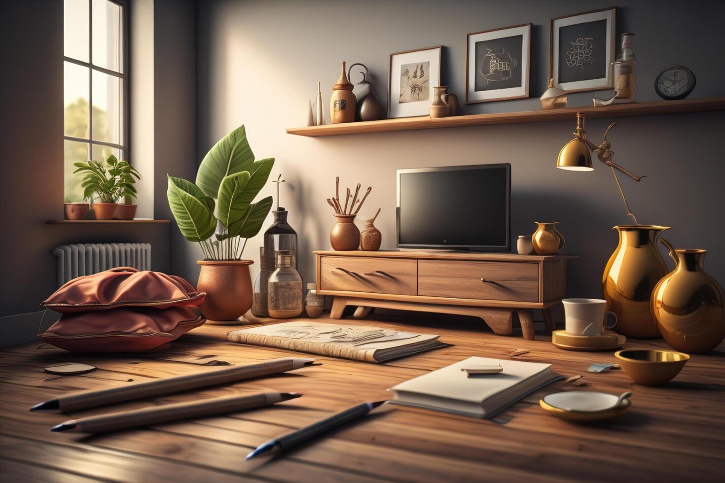 Interior of living room with furniture, armchair, books, coffee table and other items. photo