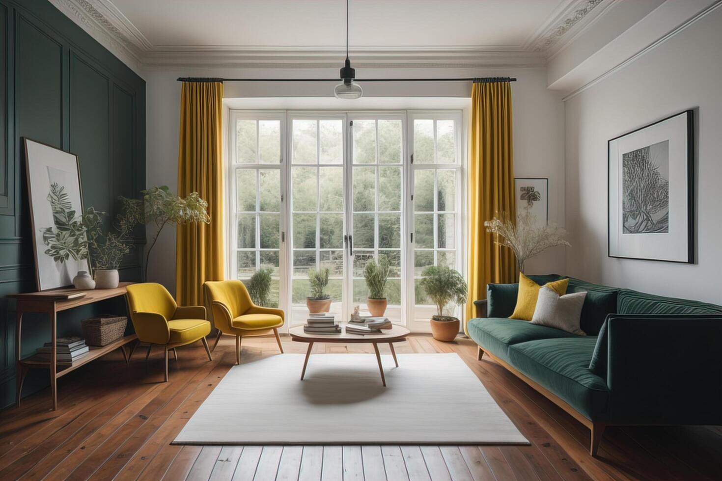 Interior of modern living room with green sofa and yellow armchairs. photo