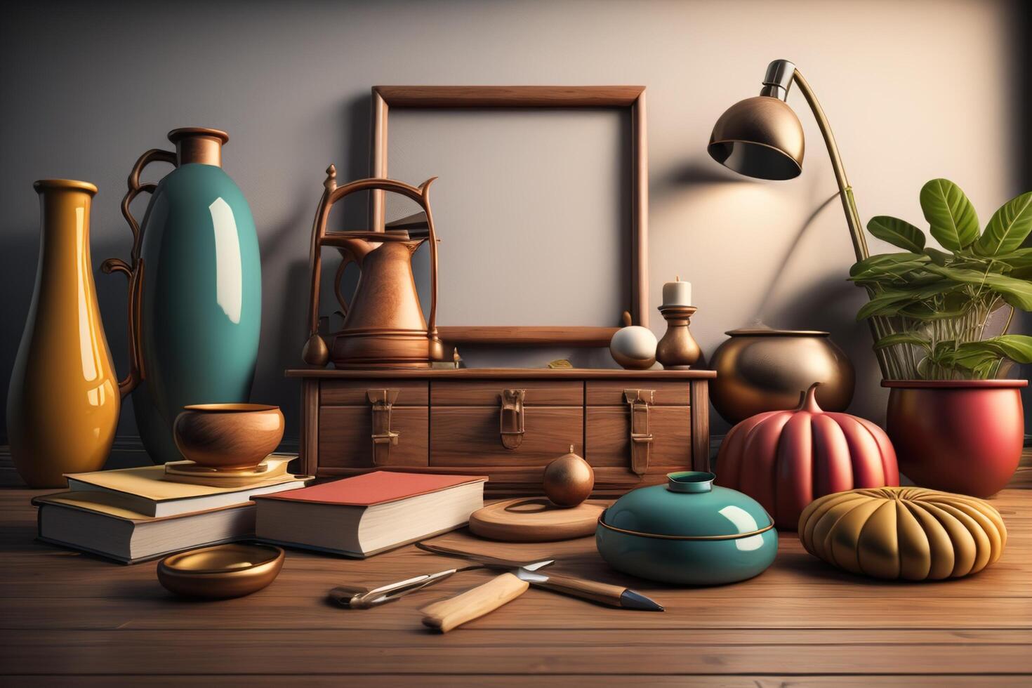 Interior with vases, books and table lamp. photo