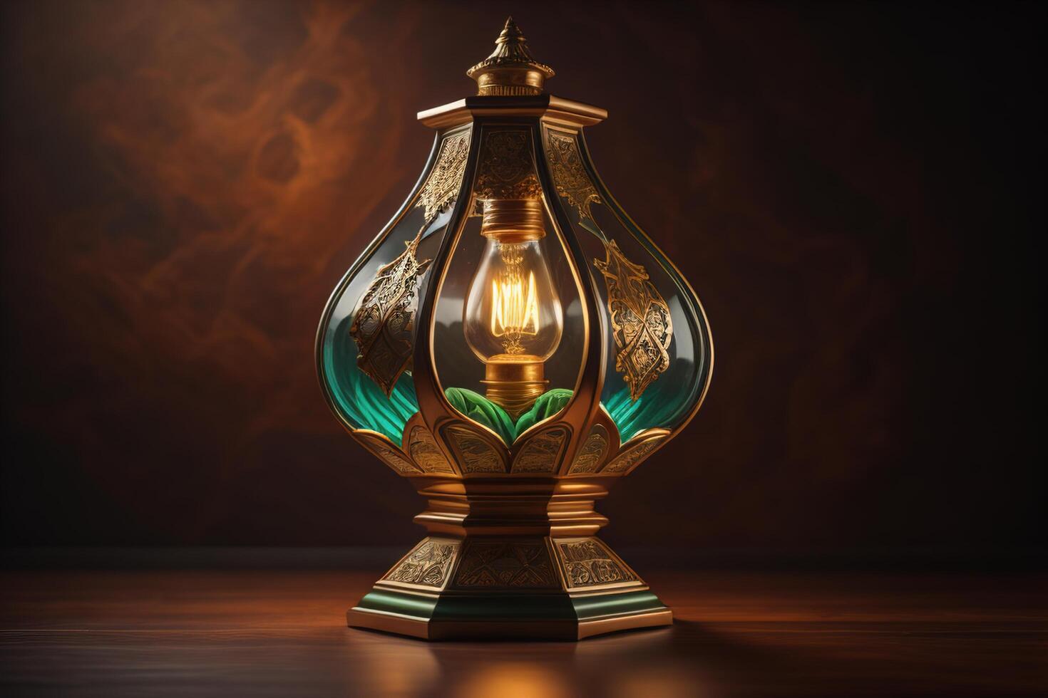 Lantern with burning candle on dark background. photo