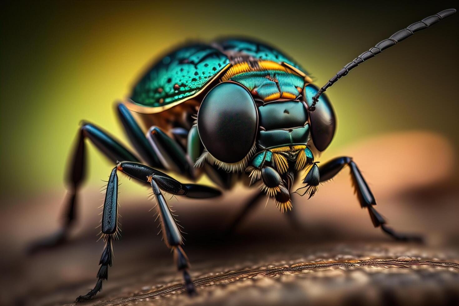 macro Disparo de un verde escarabajo en un de madera superficie. borroso antecedentes. generativo ai foto