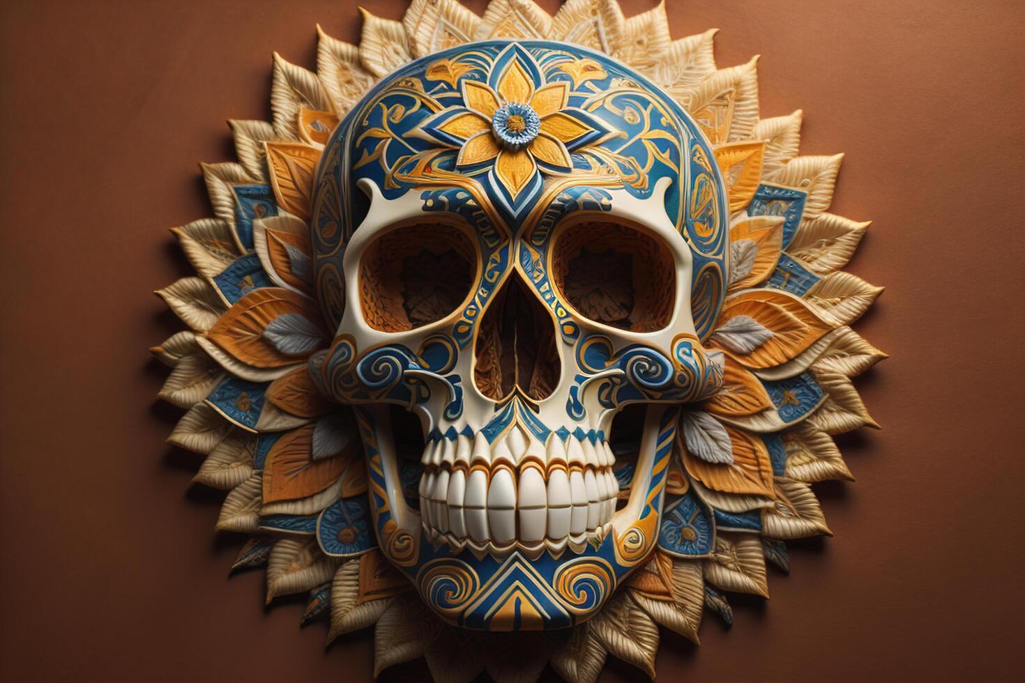 Mexican sugar skull on brown background. Day of The Dead. photo