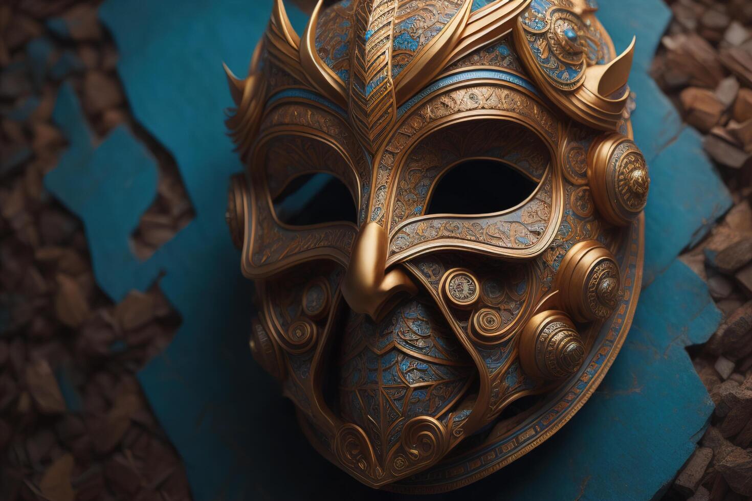 Metal mask on a blue background. The concept of a medieval period. photo