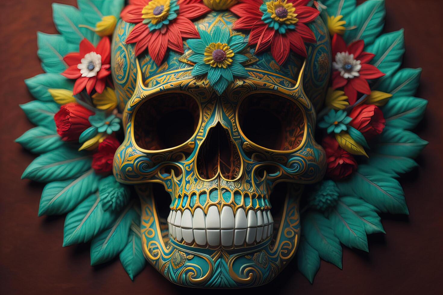 Mexican sugar skull with colorful flowers on wooden background. Day of the Dead. photo