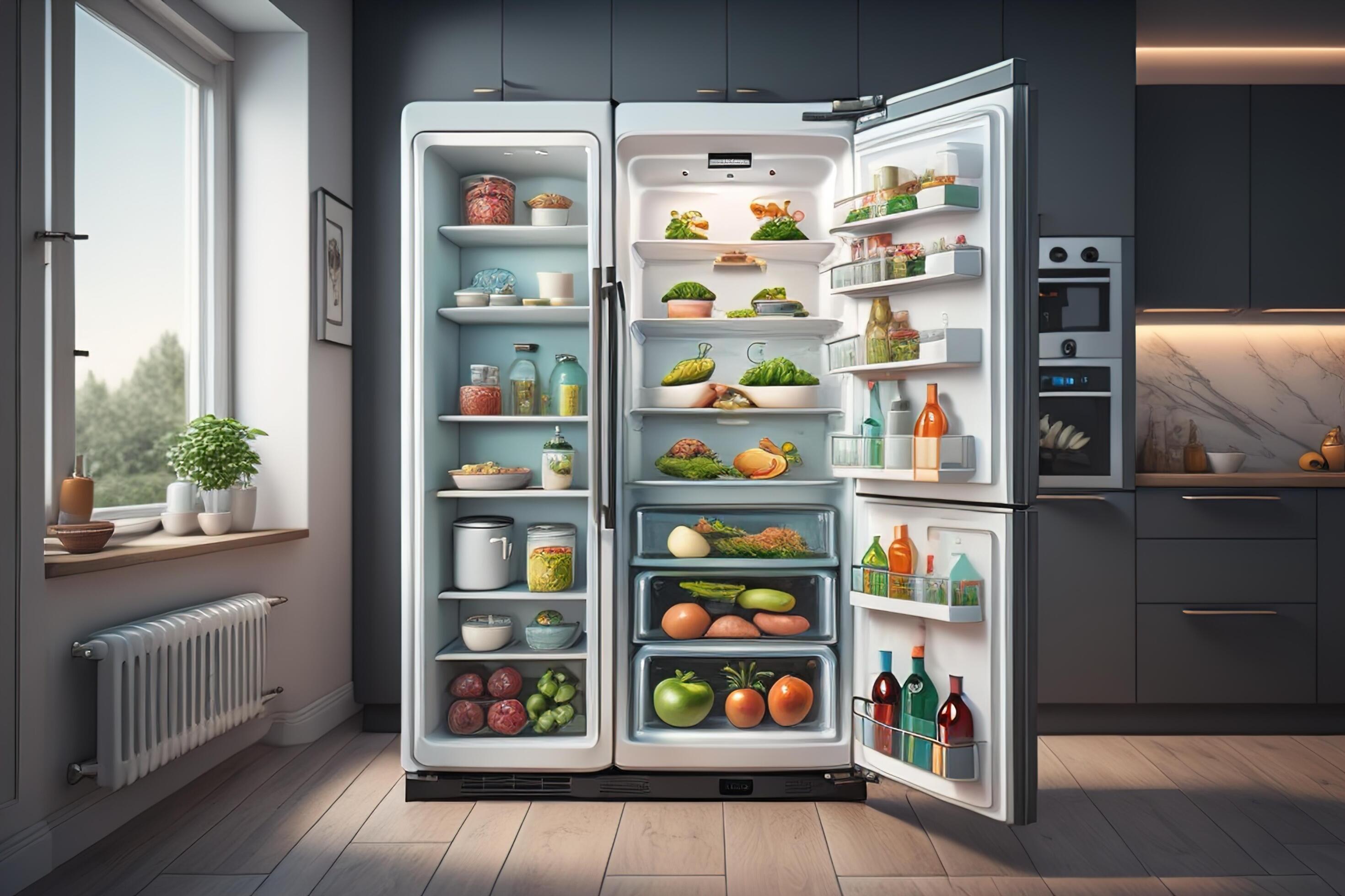 Open refrigerator with fresh vegetables and fruits in the kitchen