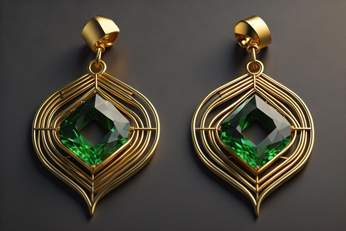 Pair of gold earrings with emeralds on dark background. photo
