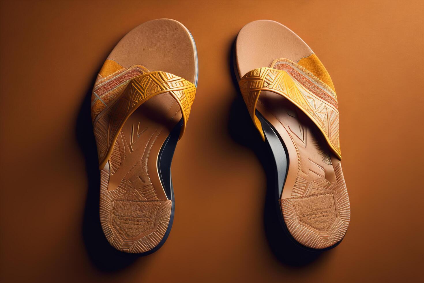 Pair of orange sandals on a brown background, top view. photo