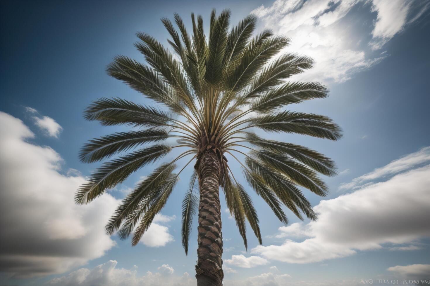 Palm tree against blue sky with clouds. Filtered image processed vintage effect. photo