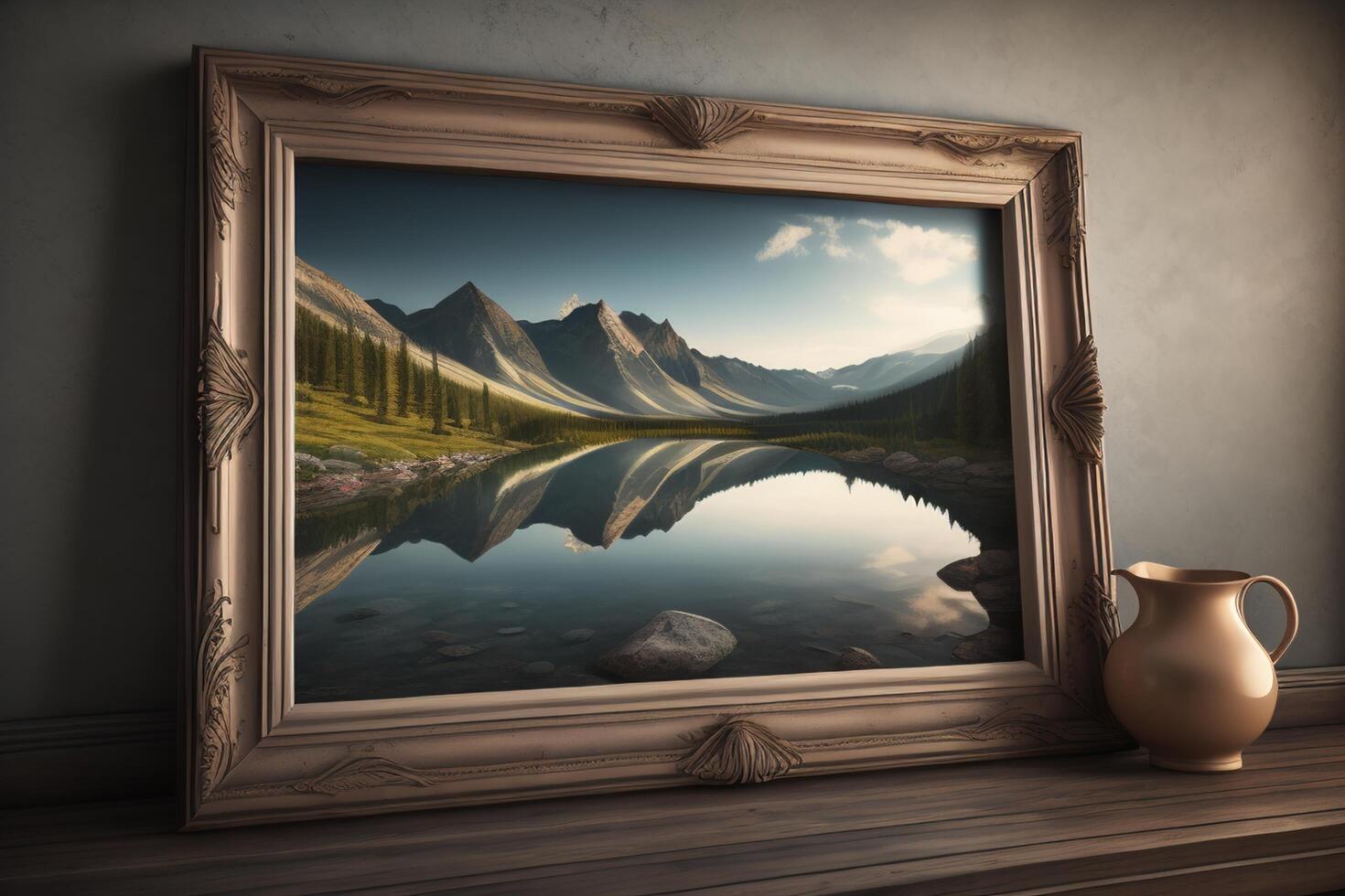 Picture frame on a wooden table with lake and mountains in the background. photo