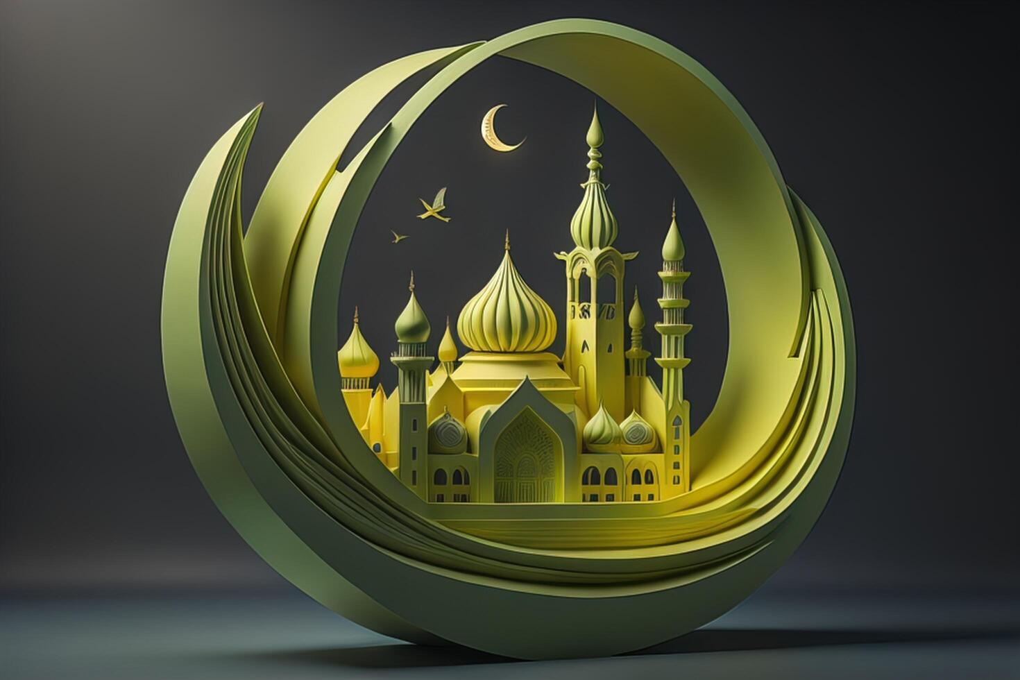 Ramadan Kareem background with mosque and crescent moon. photo