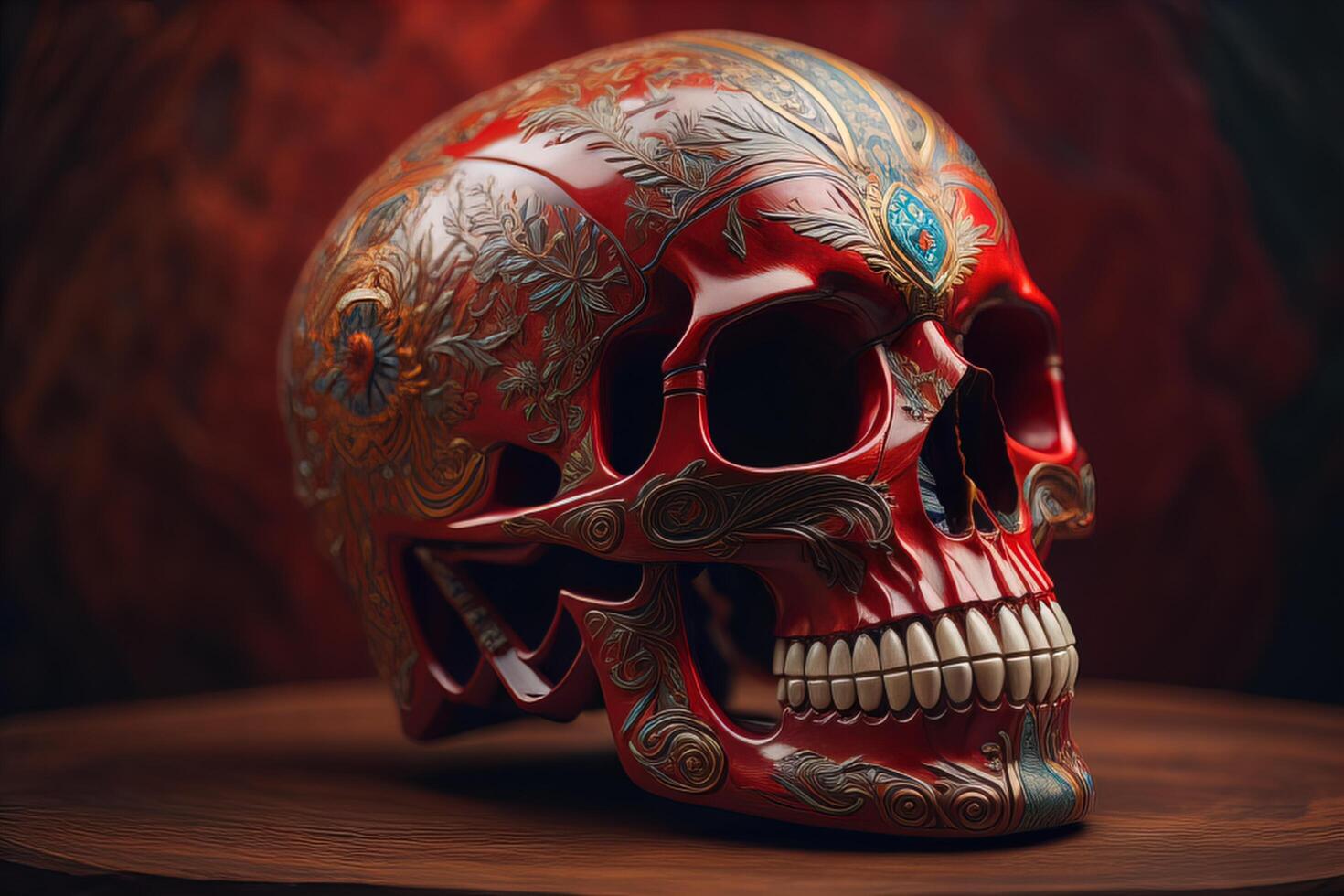 Skull on a wooden table. Halloween concept. photo