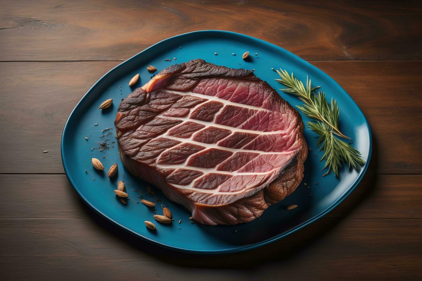 rebanado asado carne de vaca en un azul plato en un de madera mesa. generativo ai foto