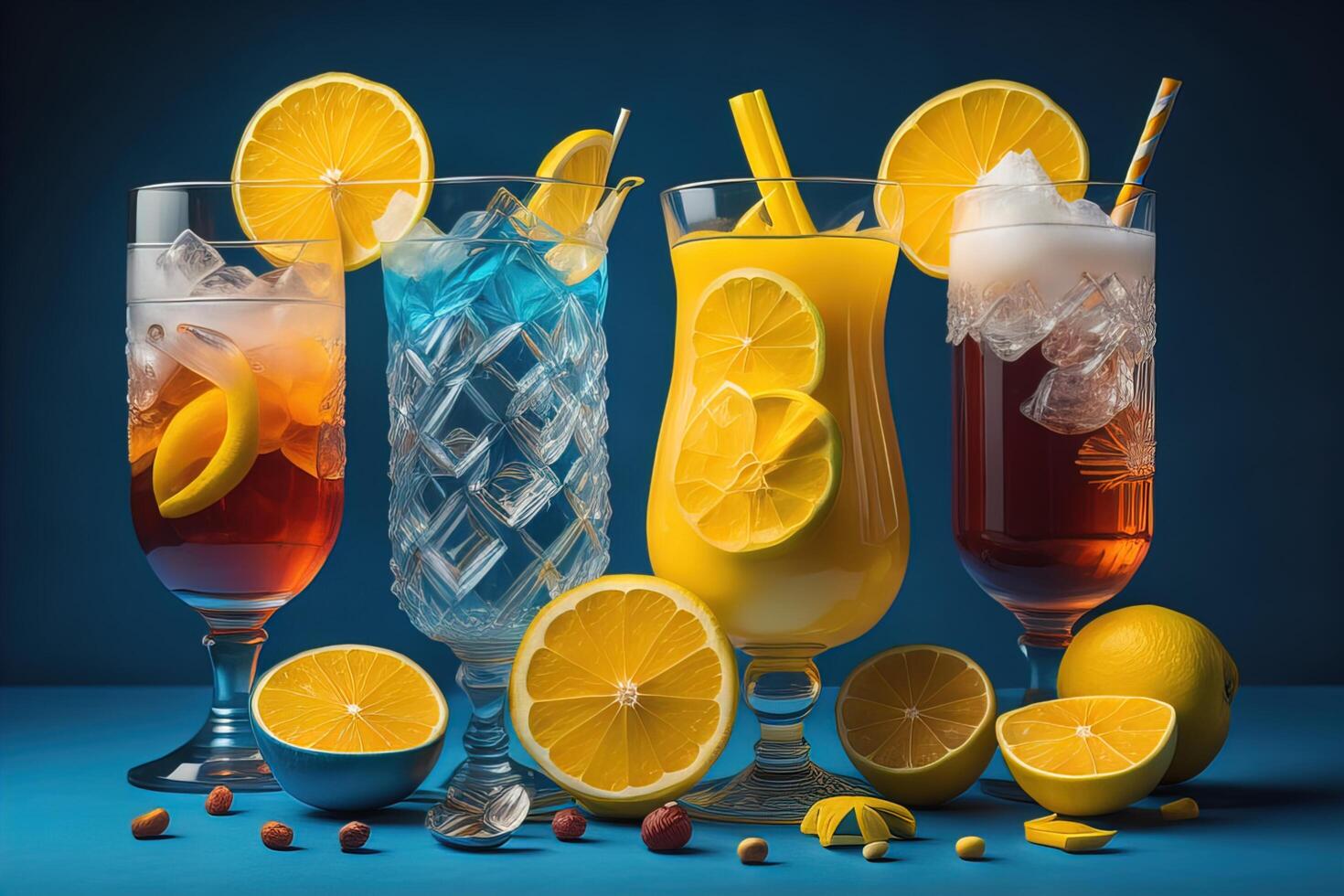 Variety of alcoholic cocktails on blue background. Alcoholic drinks. photo