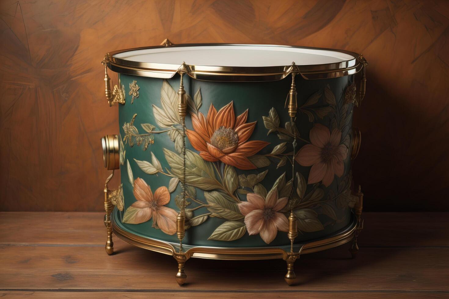 Vintage drum with floral ornament on wooden table. Close up. generative ai photo