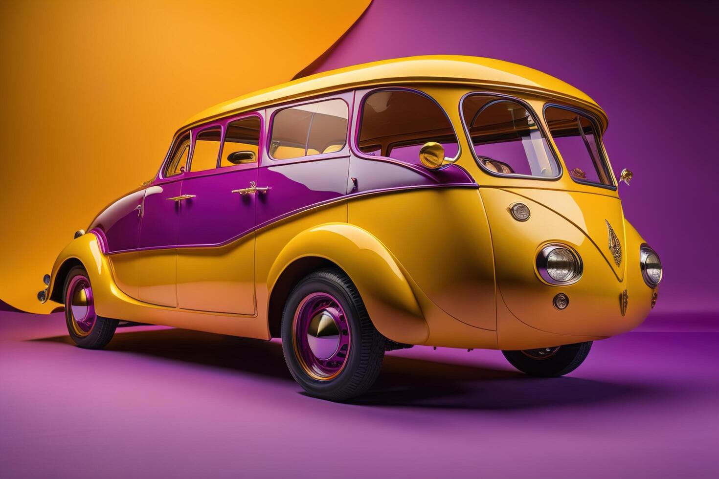 Yellow retro bus on a purple background. photo