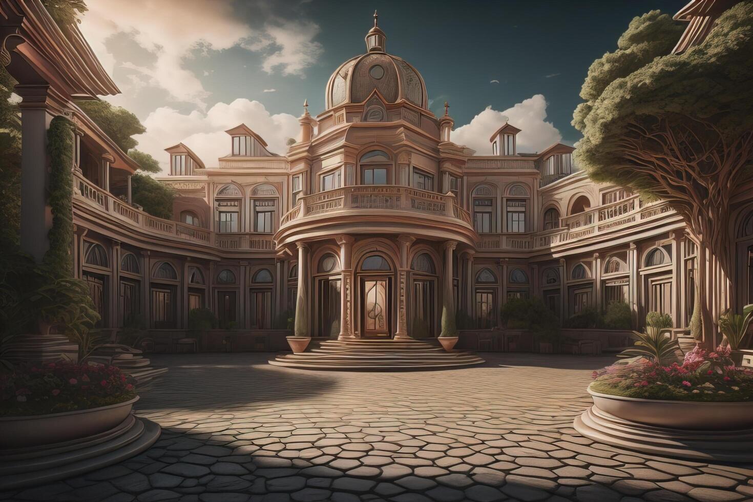 a Fantasy Landscape with an Old Building. photo
