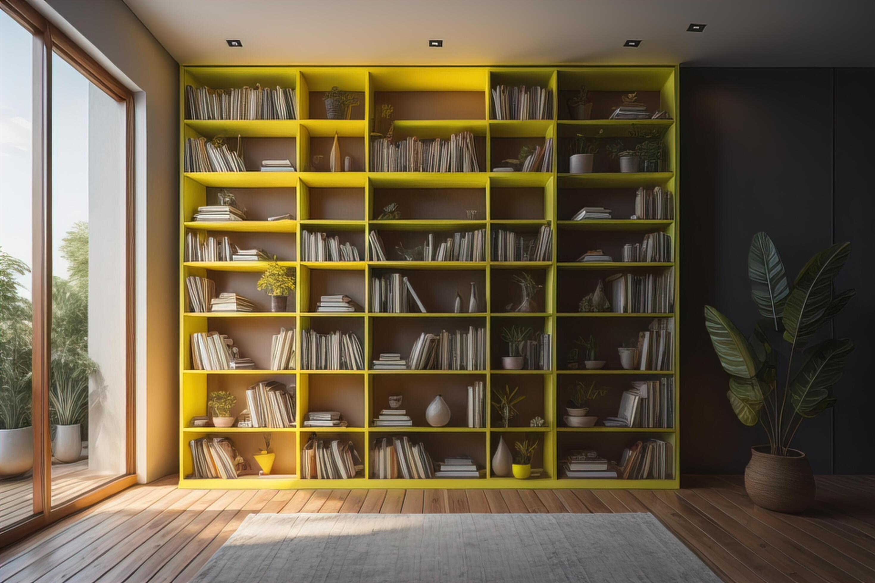 Yellow bookshelves with books in modern interior. generative ai