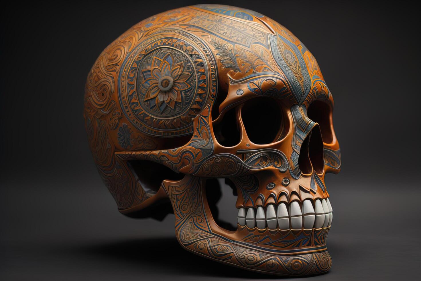 a human skull with ornament on a dark background. photo